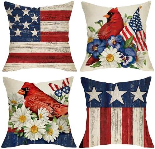 Fjfz 4th of July Cardinal Decorative Throw Pillow Covers 20 x 20 Set of 4, Patriotic America Red Birds Daisy Pansy Flower Outdoor Home Decor, American USA Floral Farmhouse Couch Cushion Case