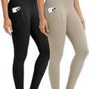 ODODOS 2-Pack Full Length High Waist Workout Leggings with Pockets for Women, 28" Tummy Control Athletic Yoga Pants, Black+Taupe, Large (L)