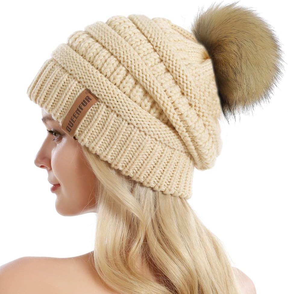 QUEENFUR Women Knit Slouchy Beanie Chunky Baggy Hat with Faux Fur Pompom Winter Soft Warm Ski Cap (A1-beige 2)