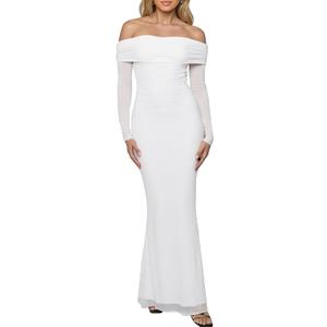 BORIFLORS Women's Elegant Off The Shoulder Bodycon Long Sleeve Maxi Dress Mesh Cocktail Party Wedding Guest Formal Dresses (Large, White)