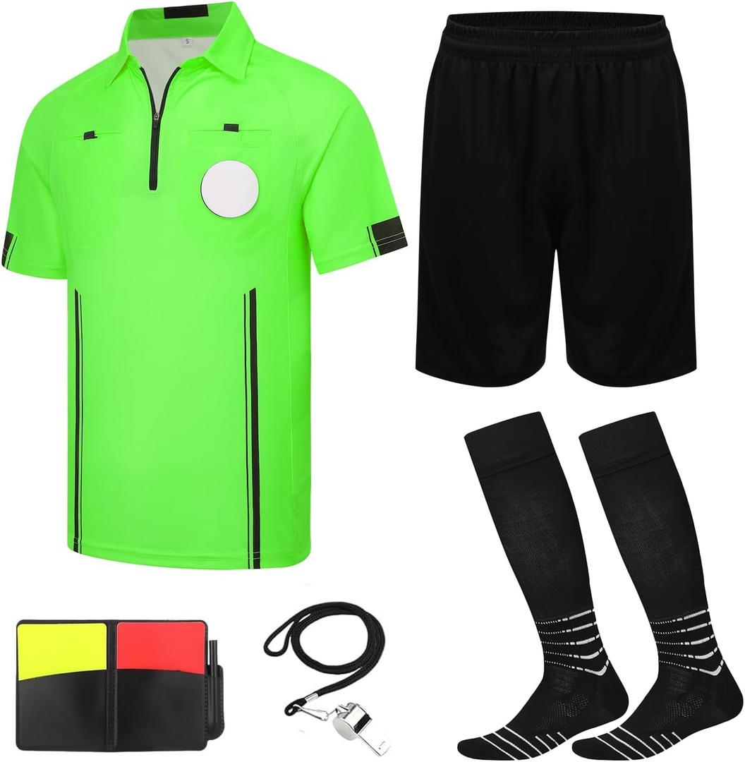 VKT Soccer Referee Kit Soccer Referee Shirt Jersey Shorts Ref Socks Whistle Red Yellow Card for Men & Women Halloween Costume, Size S