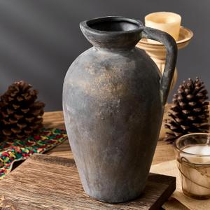 PORCER Antique Rustic Ceramic Vase, 9.3 Inch Tall Large Terracotta Vase with Handle, Vintage Farmhouse Pottery Vase for Home Decor, Living Room, Entryway, Wedding, Thanksgiving - Black Bronze