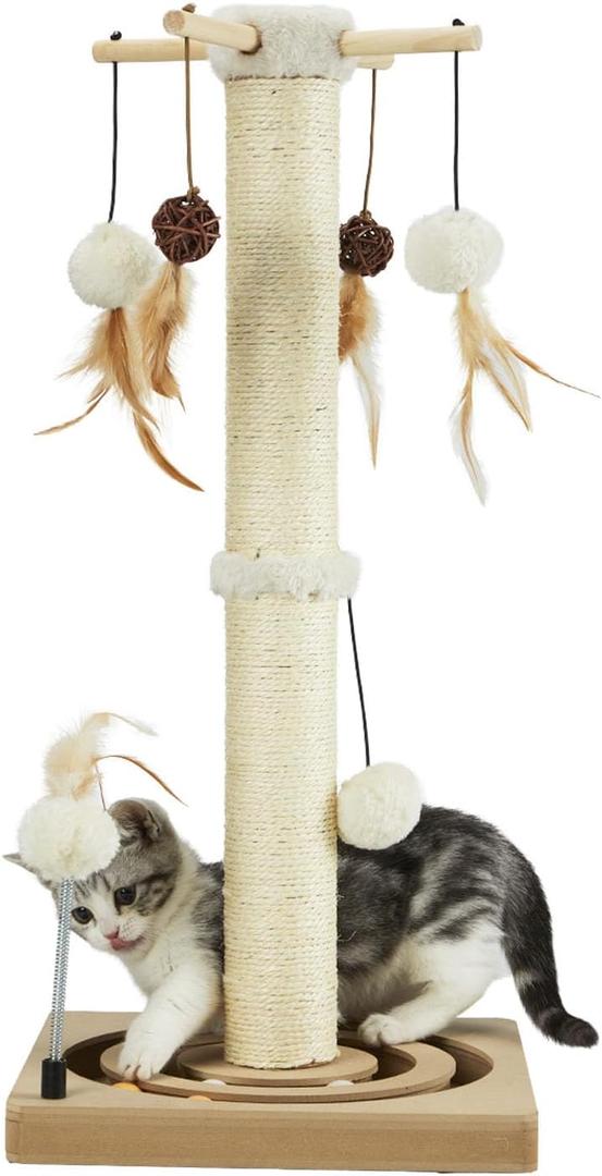 PEEKAB Cat Scratching Post Sisal Scratch Posts for Indoor Cats and Kittens, 30 Inches Tall with Tracking Ball Interactive Toys and Hanging Balls Beige