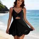 Women One Piece Swimsuit Tummy Control Cutout Skirt Bathing Suit Gold Metal Twist Front Swim Dress (Black, L)