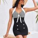 Ekouaer Womens One Piece Swimsuits Vintage Striped Skirt Bathing Suit Vintage Retro Push Up Swimwear (Black, XL)