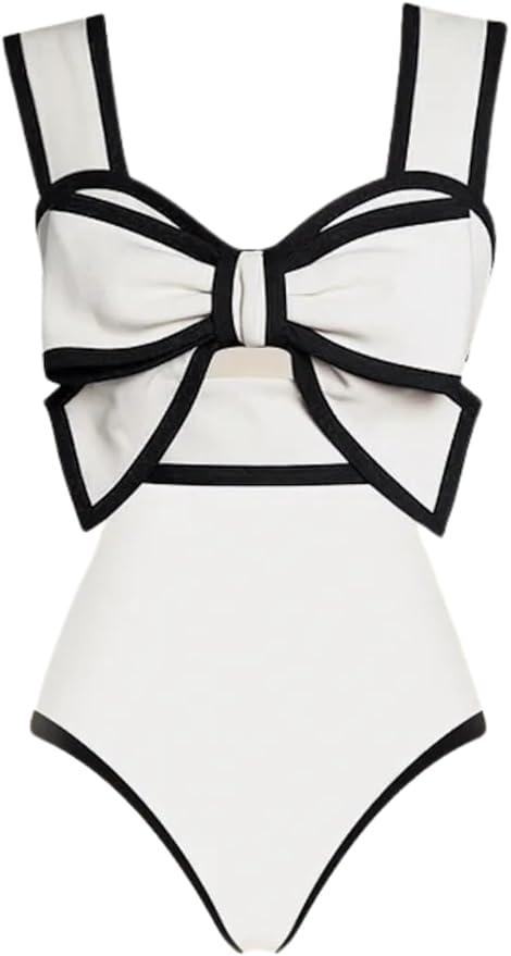 FLAXMAKER Black and White Swimsuit Bow-tie Decor One Piece Bathing Suit, Medium 