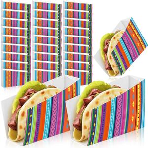 50 Pcs Taco Nights Mexican Cinco De Mayo Party Taco Holder Mexican Nacho Popcorn Unassembled Trays Snack Disposable Paper Holder Carnival Party Food Container Stand Fiesta Parties Supply