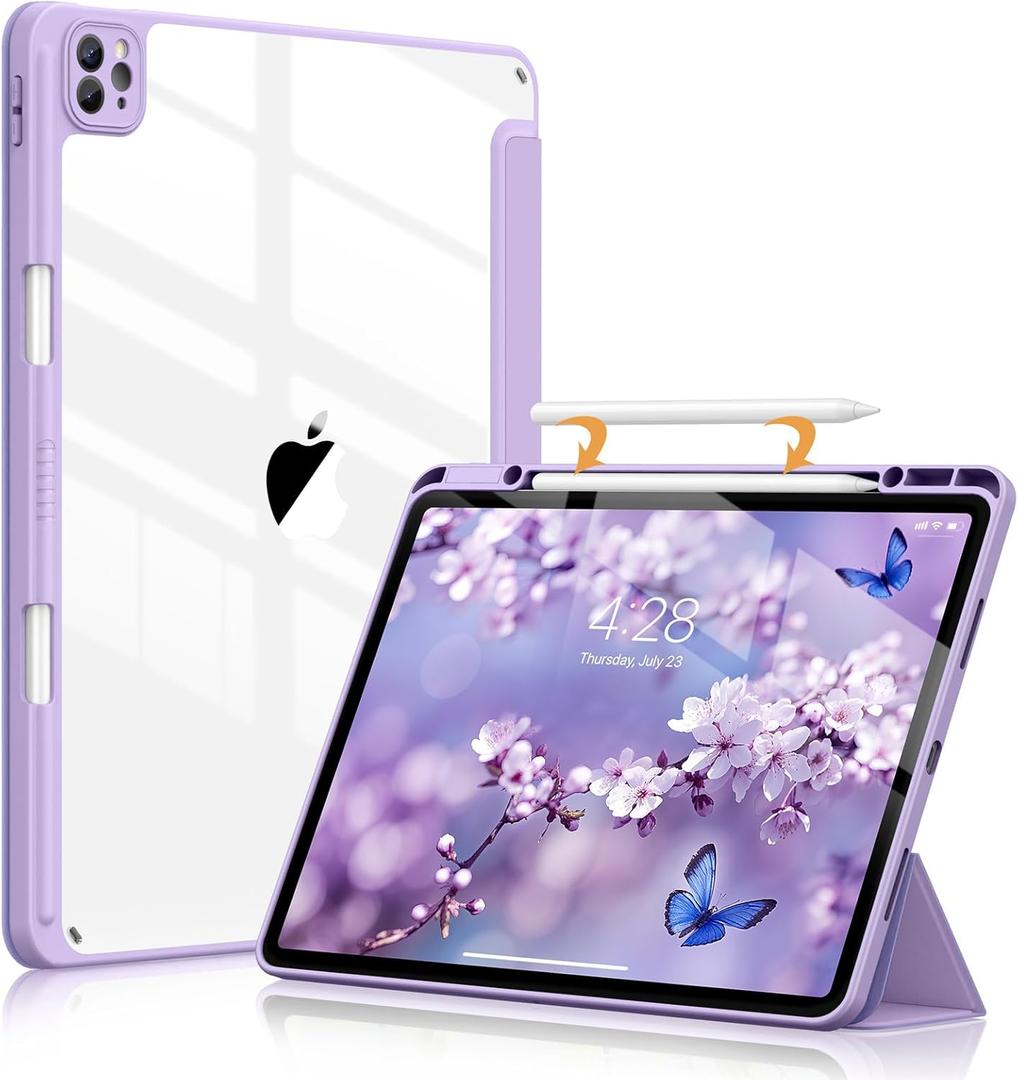 Soke Case for iPad Pro 12.9 Inch (6th/5th/4th/3rd Generation, 2022/2021/2020/2018) - Pencil Holder + Auto Sleep/Wake + Camera Protection, Transparent Shockproof Back Cover, Lavender Purple