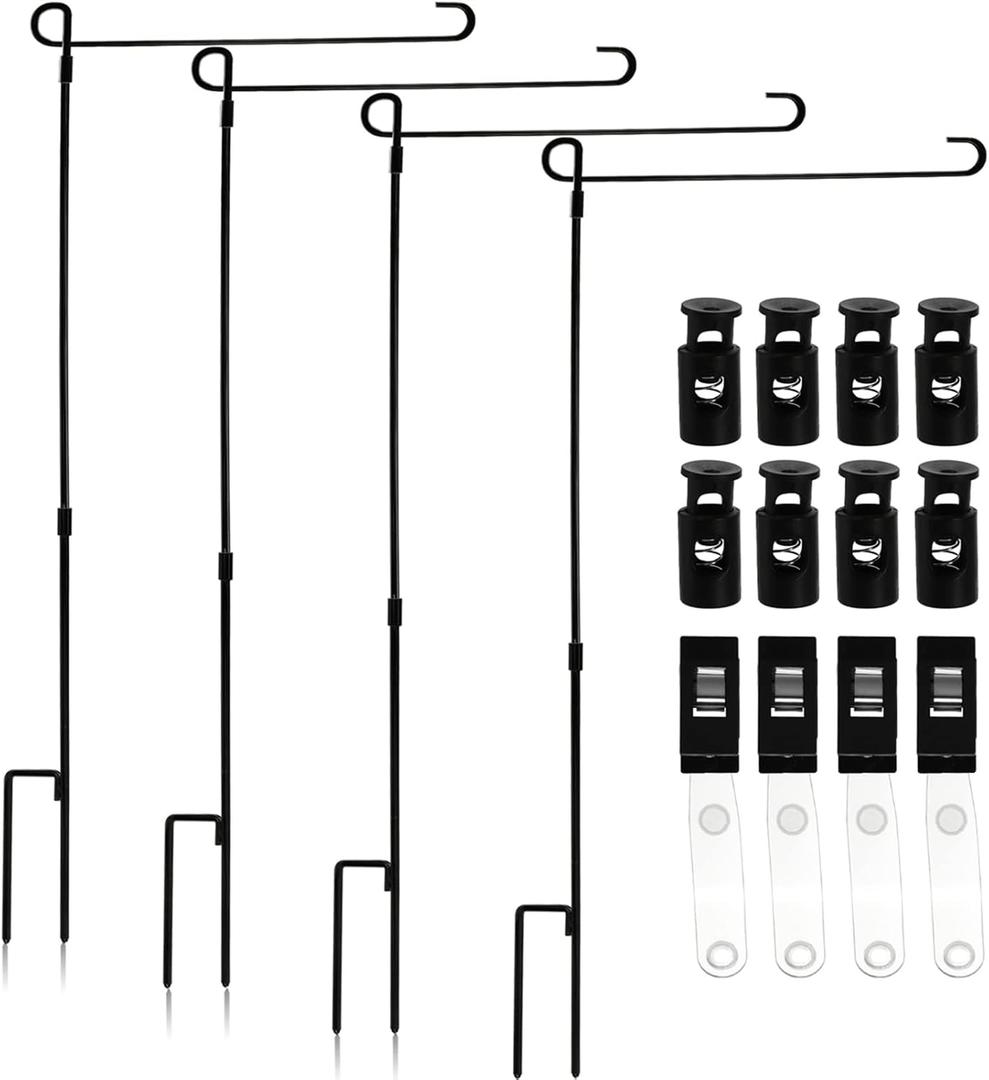 DEAYOU 4-Pack Garden Flag Stand, Yard Flag Holder for Outside, Weather-Proof Metal Lawn Flag Pole with Stoppers and Anti-Wind Clips for Banner, Outdoor, Home Decor, 35.5" H x 16.5" W