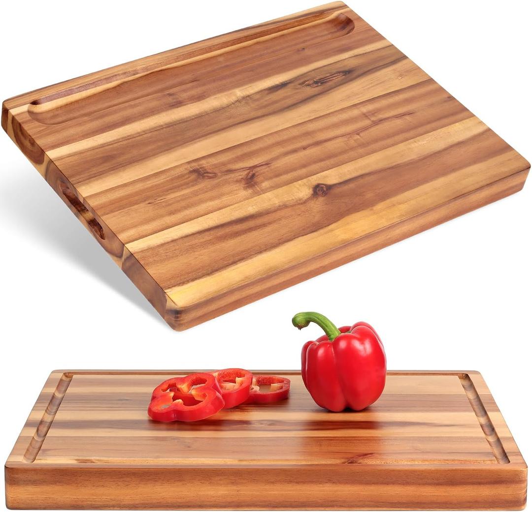 Acacia Wood Cutting Board (17x13x1.5in) and Wooden Butcher Block, Chopping Board - Reversible Multipurpose For Meat, Cheese Board, Vegetables, Bread...with Juice Groove, Cracker Holder & Inner Handles