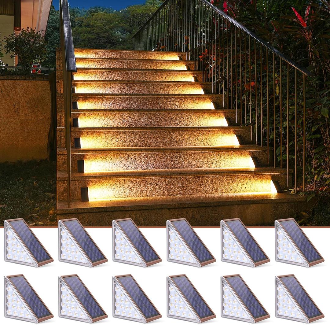 NIORSUN Outdoor Step Lights,12 Pack Warm White Stair Solar Lights Outdoor Waterproof IP67 Auto On Off,Solar Lights for Steps,Stair,Patio,Yard,Porch,Front Door,Sidewalk,Deck DecorBrown