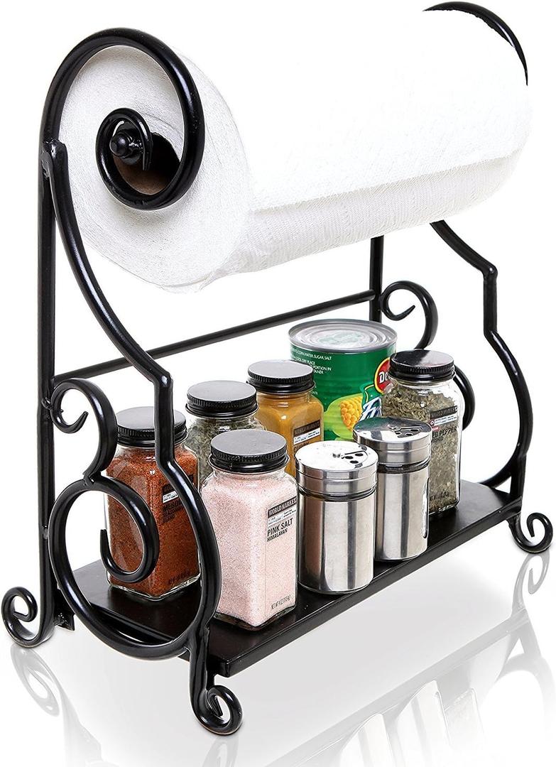 MyGift Paper Towel Holder Countertop with Shelf  Black Metal Freestanding Decorative Organizer for Kitchen, Scrollwork Design, Horizontal Storage for Spices, Napkins, and Condiments