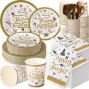 Sinmoe 400 Pcs Winter Dinnerware Set Disposable Winter Plates and Napkins Set Serve 50 Christmas Paper Dinner Plates Napkins Cup Christmas Party Supplies for Holiday (Gold, Trees)