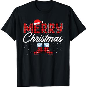Merry Christmas Buffalo Plaid Santa Hat Pajama T-Shirt, Size XL