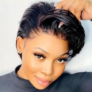 RICONEY Short Lace Front Wig for Black Women Human Hair Glueless Pixie Cut Wig with Bangs Short Bob Natural