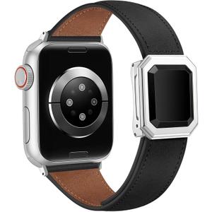 Leather Bands Women Compatible with Apple Watch  Emerald Cut Glass Gemstone Magnetic Clasp Designer Strap for iWatch Size: 46(S10/11)/49/45/44/42mm(S1/2/3) (A2 Black/Silver)