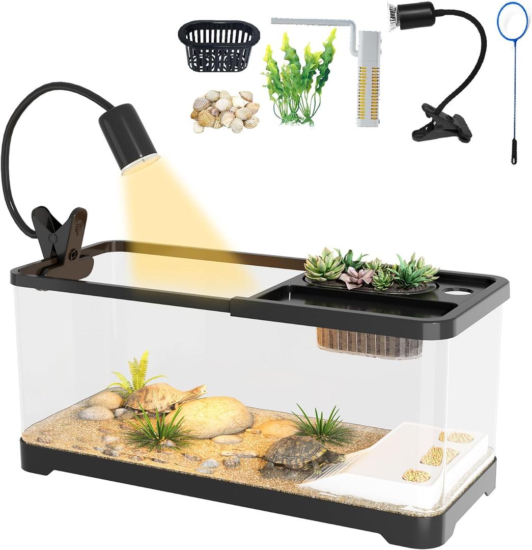 5.3 Gallon Turtle Tank, 9 In 1 Turtle Tank Kit with Climbing Platform, Adjustable Lamp, 3 Modes Filter, Hydropics Basket, Aquarium for Crabs, Fishes, Amphibians, Reptiles Enthusiasts Beginners (Black)