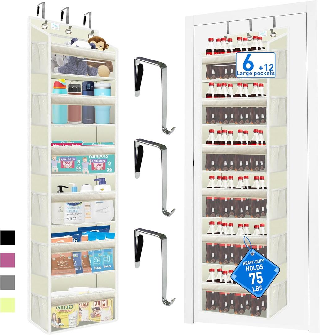 over the door organizer, Solid Bamboo Board (Not Plastic!) 6-Tier Heavy Duty 75LB, 12 Side Pockets, 3 Reinforced Hooks & Anti-Slip Pads, Waterproof & Washable, No Sagging, No Door Damage, Ivory (1Pack)