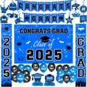 Graduation Decorations 2025, Graduation Decorations Set Class of 2025 Backdrop, Flag Banner, Porch Banner, Congrats GRAD Hanging Swirl, Balloons for Grad Party Decor (Blue & Black)