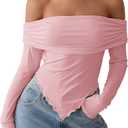 Verdusa Women's Y2K Off The Shoulder Tops Foldover Long Sleeve Asymmetrical Fitted T Shirt (Medium, Pink)
