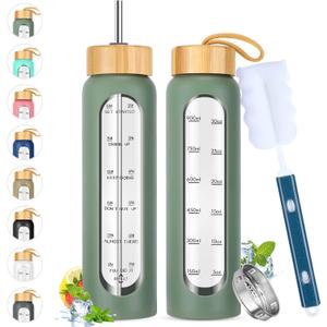 32 oz Glass Water Bottle with Straw - Motivational Time Marker & Silicone Sleeve - Reusable Tumbler Includes 2 Bamboo Lids & Fruit Infuser - 1 Pack