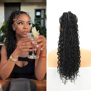 Boho Drawstring Braided Ponytail for Women, 18 Inch Boho Box Braids with Long Wavy Hair Clip in Hairpieces Synthetic Hair Ponytail Extensions for Daily Use 1B#