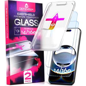 Defenslim Screen Protector for iPhone 14 / 16e (2Pack), Easy Auto-Align Install Kit, 6.1" Tempered Glass, 9H Hardness, Ultra HD Clear, Case Friendly, EasyShield