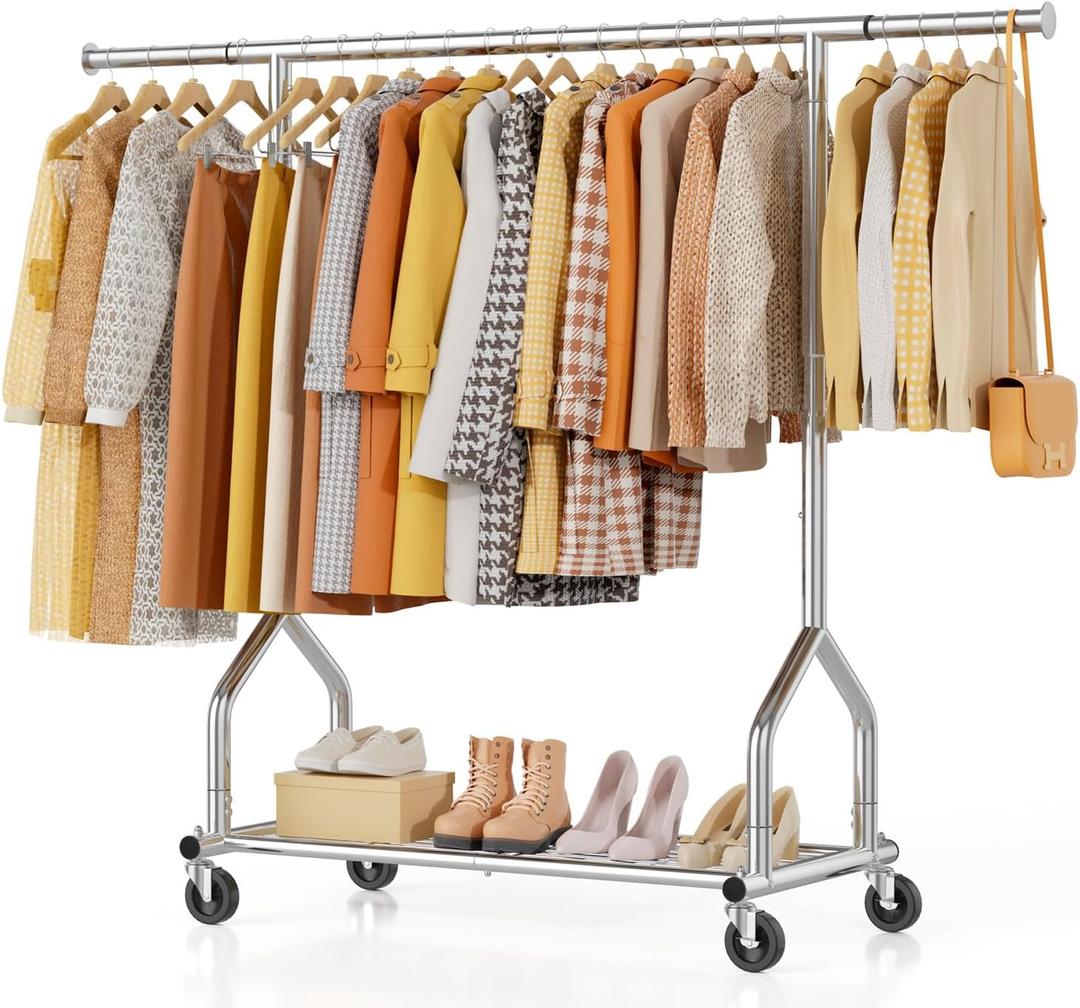 EAGMAK Heavy Duty Clothes Rack Load 424 LBS, Rolling Clothing Rack With Shelves, Adjustable Metal Clothes Hanger with Wheels, Portable Wardrobe Organizer Garment Rod for Hanging Clothes (Silver)