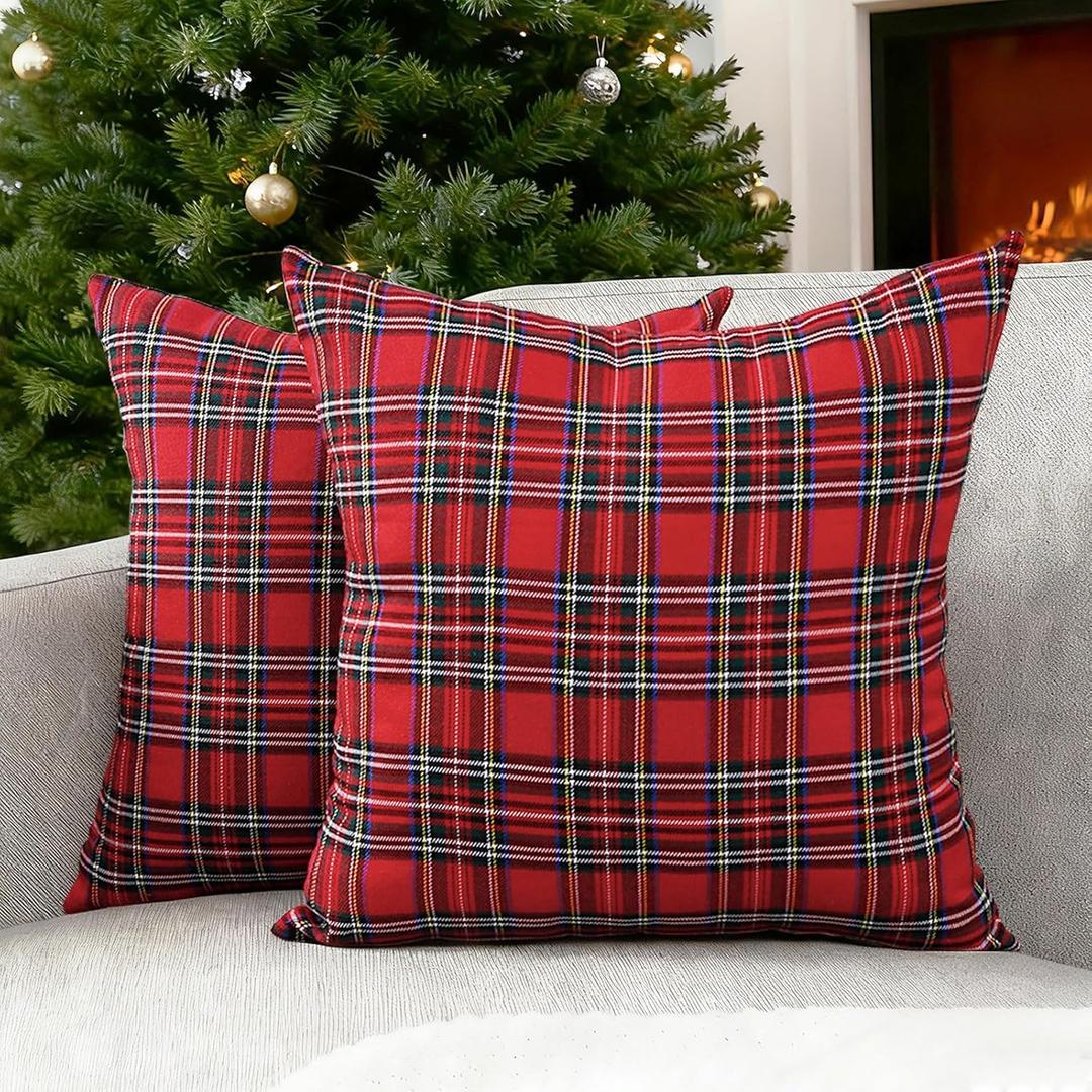 CARRIE HOME Christmas Scottish Tartan Plaid Pillow Covers 18x18 Red and Green Plaid Outdoor Pillows Set of 2 Christmas Decor for Living Room