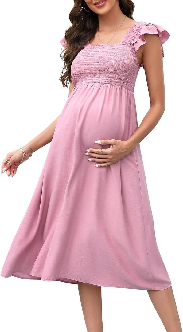 BeautyNee Womens Maternity Dress for Photoshoot Baby Shower Flutter Strap Sleeve Square Neck Smocked Maxi Boho Dress (XX-Large)