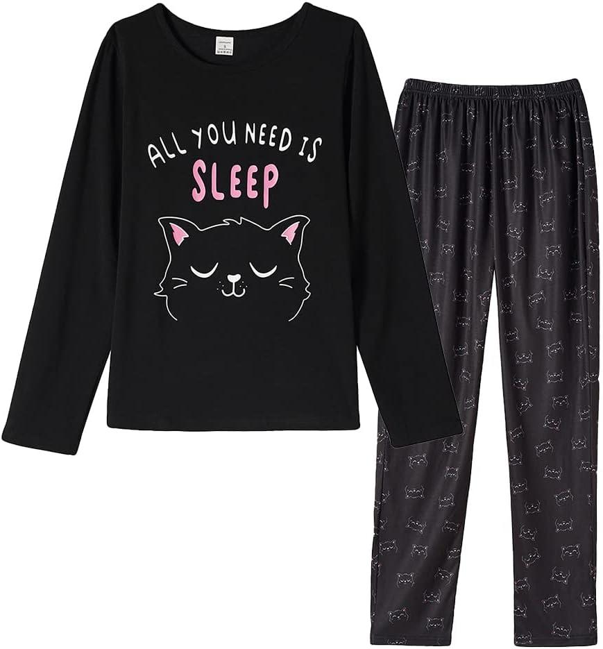 VENTELAN Women Pajamas Cute Christmas Sleepwear Plus Size Loungewear Set Long Sleeve Night Suits,XXL Black Cat