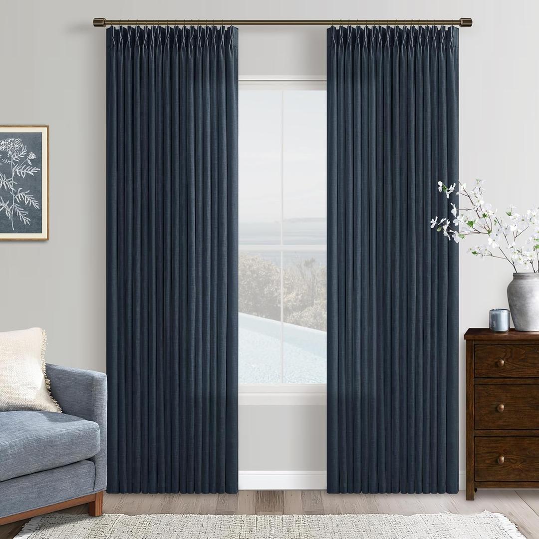 Navy Blue Pinch Pleated Linen Curtains 2 Panels Set for Living Room Bedroom Modern Memory Trained Semi Sheer Light Filtering Window Drapes with Hooks & Rings for Dining Room 50x84 Dark Blue Indigo