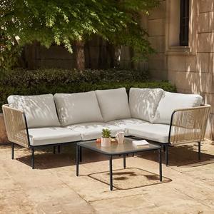 East Oak 5-Piece Montauk Modular Patio Furniture Set, Outdoor Corner Sofa with Cushion and Glass Coffee Table, Modern Patio Conversation Set for Garden, Backyard and Porch, Beige & Grey