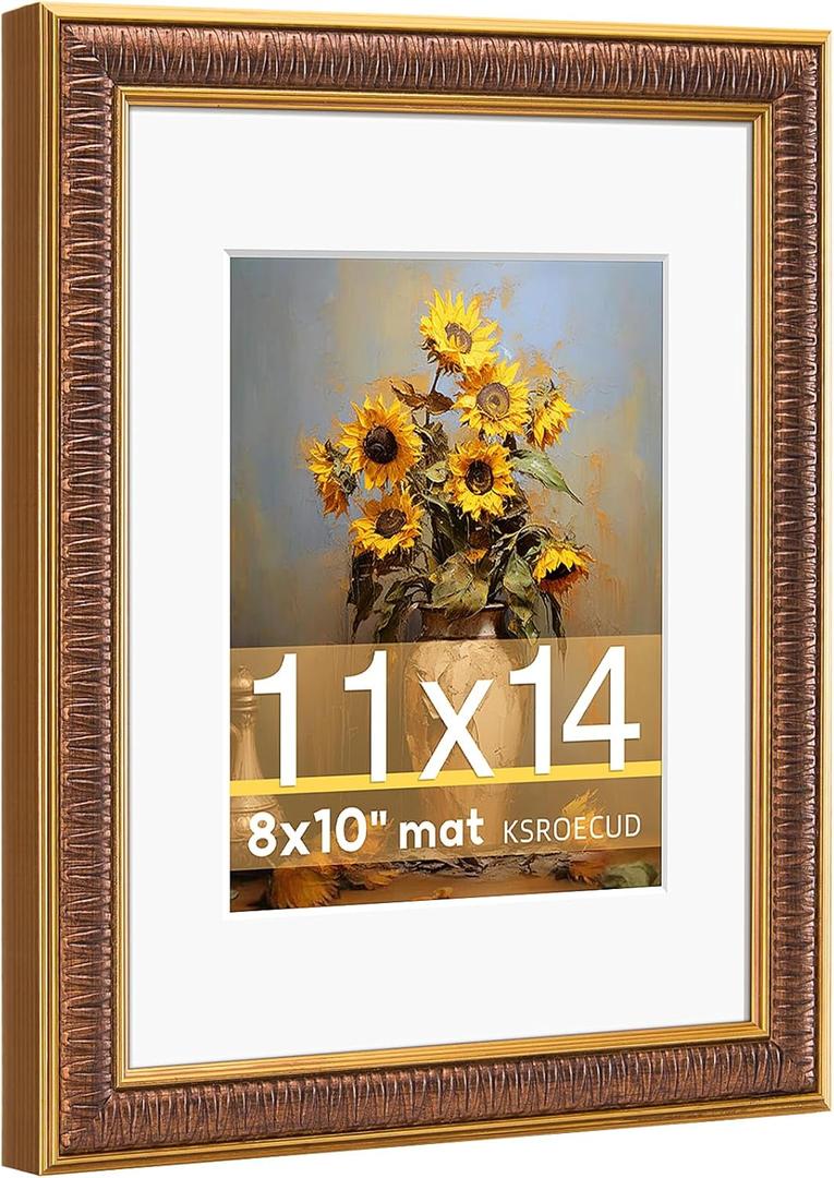 11x14 Picture Frame for 8x10 Photo with White Mat, HD Real Glass 11x14 Vintage Photo Frame, 11 by 14 Poster Frame with Vintage Gold Border Horizontal & Vertical Display for Tabletop or Wall Decor (1 Pack)
