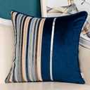 Yangest Navy Striped Patchwork Throw Pillow Cover Silver Leather Cushion Cover Zippered Pillowcase for Sofa Couch Bedroom Living Room Home Christmas Decoration,20x20 Inch