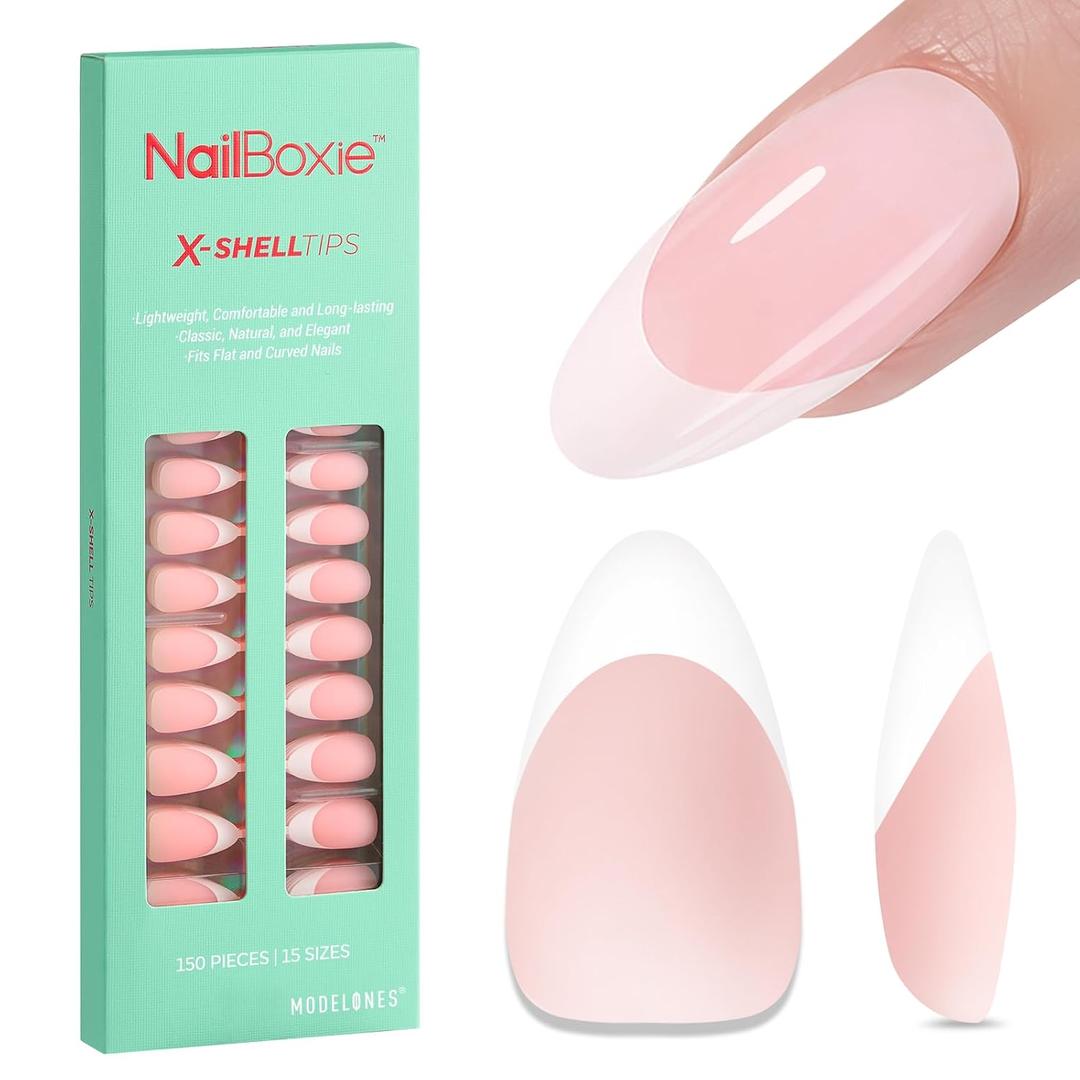 4 x modelones French Tip Press on Nails, 150Pcs M-Almond Fake Nails with Nail Box, Pink & White Gel Nail Tips for Women, Soft Glue-On Nails for Natural Salon Look, DIY Nail Art Kit (15 Sizes)
