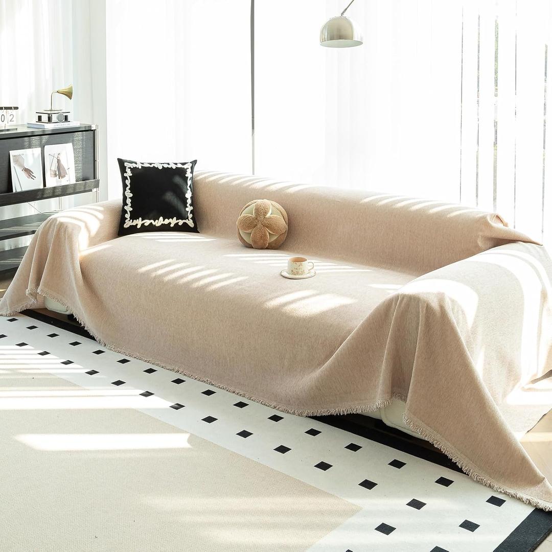 Durable Couch Cover Blanket, Sofa Blanket Cover Washable, Oversized Couch Cover Pet Friendly, Chenille Sofa Cover Blanket for 2-3 Cushions Sofas Solid Color(71"x 134"/Light Brown/1pc)