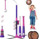 HYES 4 in 1 T Ball Sets for Kids 3-5 with Toss and Catch Ball Set, Hanging Tee Stand with Auto Pitching Machine/ 2 Bats, Indoor Outdoor Toys Baseball Gifts for Toddler Boys Girls, Purple