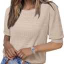 Messic Womens Short Sleeve Sweaters 2025 Summer Casual Crewneck Pullover Tops L