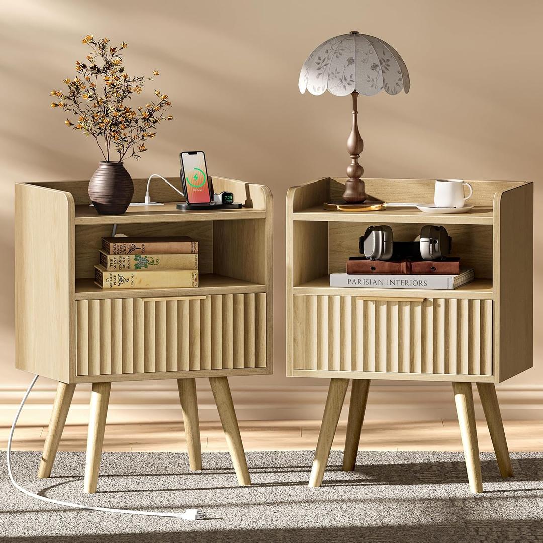 Huuger Nightstand with Charging Station, USB-C Port, Fluted Night Stand Set of 2, Bed Side Table with Drawer, Solid Wood Feet, Open Storage, End Table with Raised Edge, for Bedroom, Natural, 15.7 inches x 11.8 inches x 23.6 inches