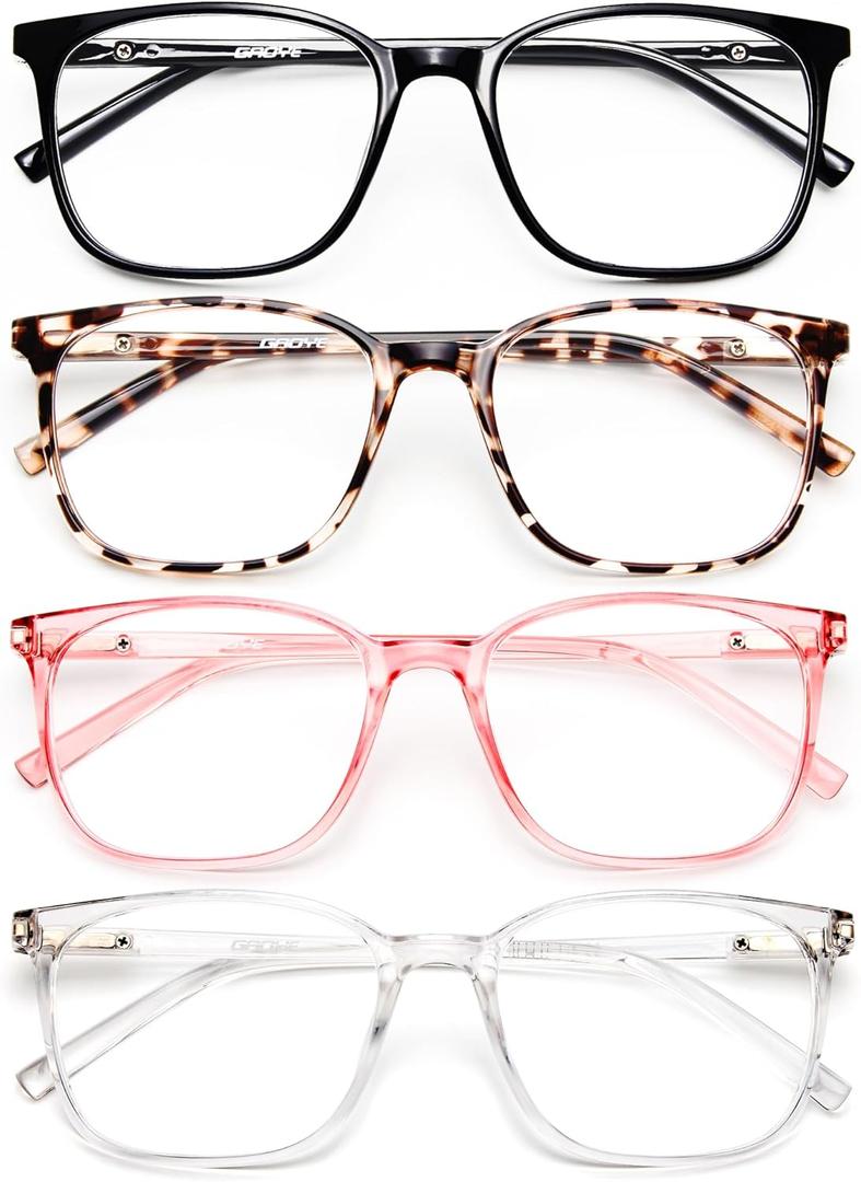 Gaoye Ultralight Blue Light Glasses for Women - up to 99% Protection Computer Glasses for All Day Comfort - Anti UV Glare & Eyestrain (Matte Black & Leopard & Pink & Transparent) Pack of 4