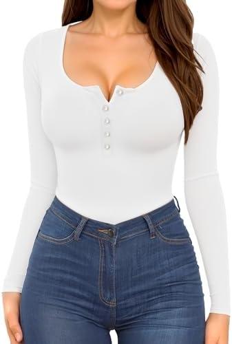 MANGOPOP Women Long Sleeve Scoop Neck Henley T Shirts Button Down Slim Fit Tops Ribbed Knit Shirts Size XS