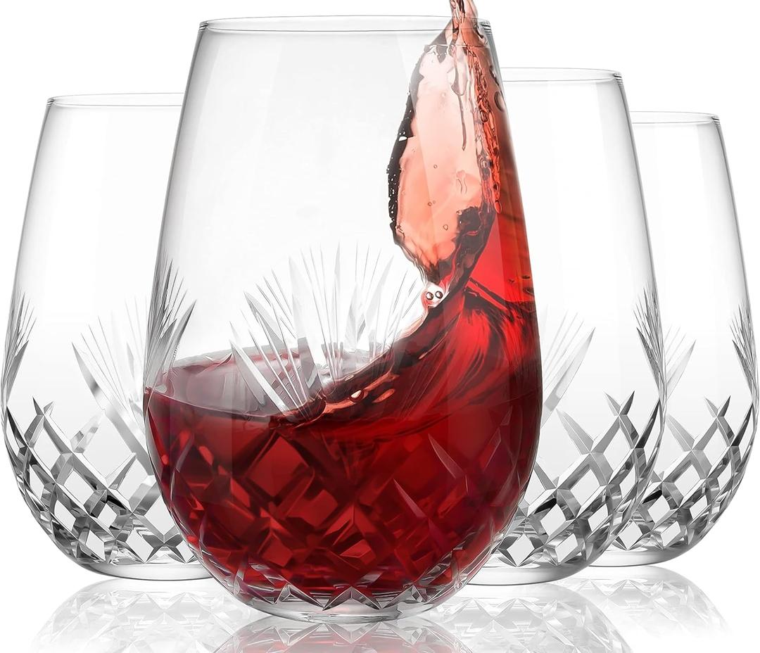 SHOSHIN - Hand Cut Stemless Wine Glass Set of 4, Large 18 oz Crystal Wine Glass, Wine Tumblers for Red and White Wine, Water Glasses, Drinking Glasses