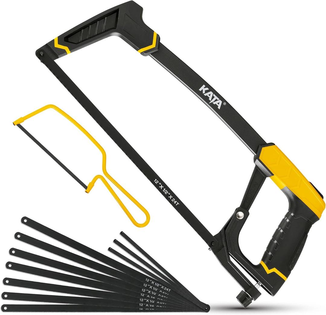 KATA High-Tension Hacksaw Frame Set, 12" Hacksaw, 6" Mini Hack Saw, Extra 7-Pieces 12" Carbon Steel Blades and 3-Pieces 6" 65Mn Steel Blades Included, Handsaw for Metal, Wood, PVC Pipes