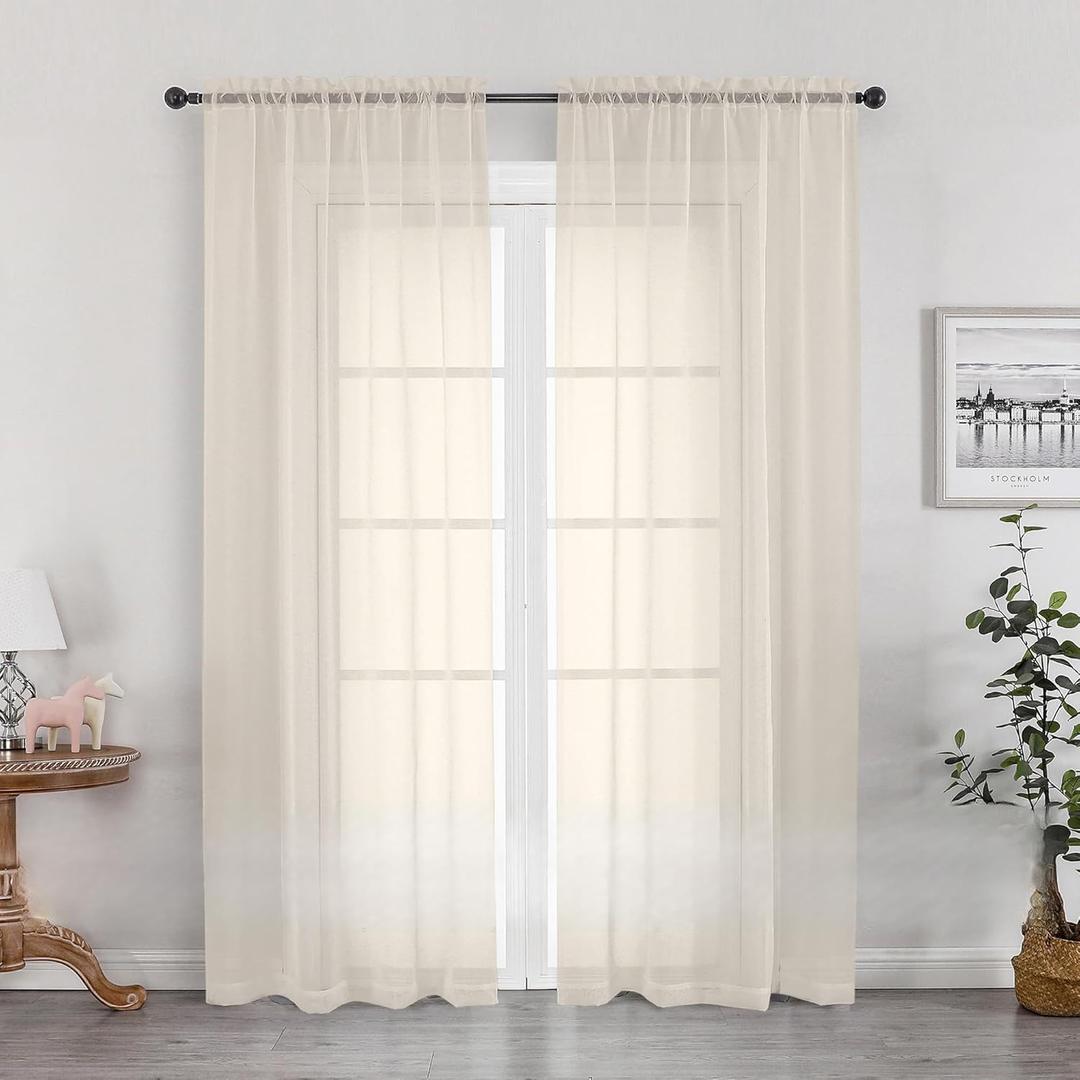 OWENIE Sheer Curtains 72 Inches Long 2 Panels Set, Light Filtering Sheer Curtain Rod Pocket Clear Drapes for Living Room Bedroom Window Sliding Door, Each 42 x 72 Inch, Cream
