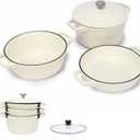 Hisencn Enameled Cast Iron Set,5-Piece 10-Inch Stackable Pots and Pans
Dutch Oven, Skillet, Grill Pan & 2 Universal Lids, Space-Saving Cookware with Protective Spacers, White