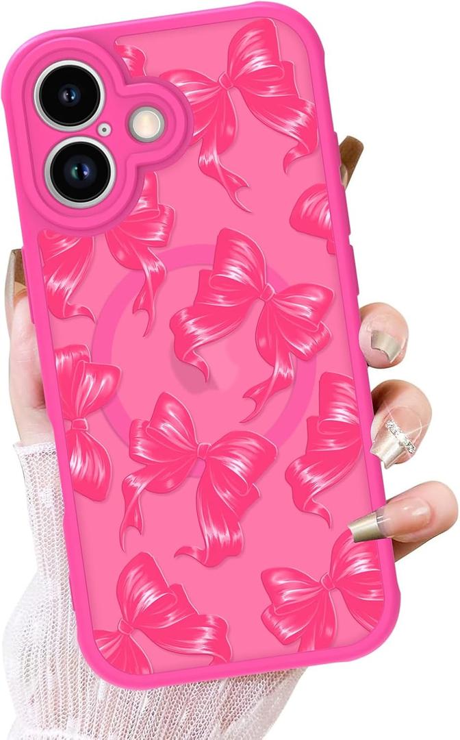 OOK Phone Case Design for iPhone 17 Case, Compatible with MagSafe, Cute Bows Design Frosted Shockproof for Women Girls Magnetic Phone Cover - Hot Pink Bow