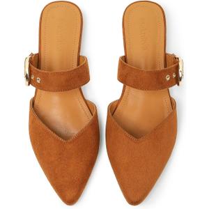 Meknitva Pointed Toe Mules for Women, Adjustable Strap Backless Loafers in Synthetic Suede, Dressy Casual Slip-On Flats Brown, 7.5