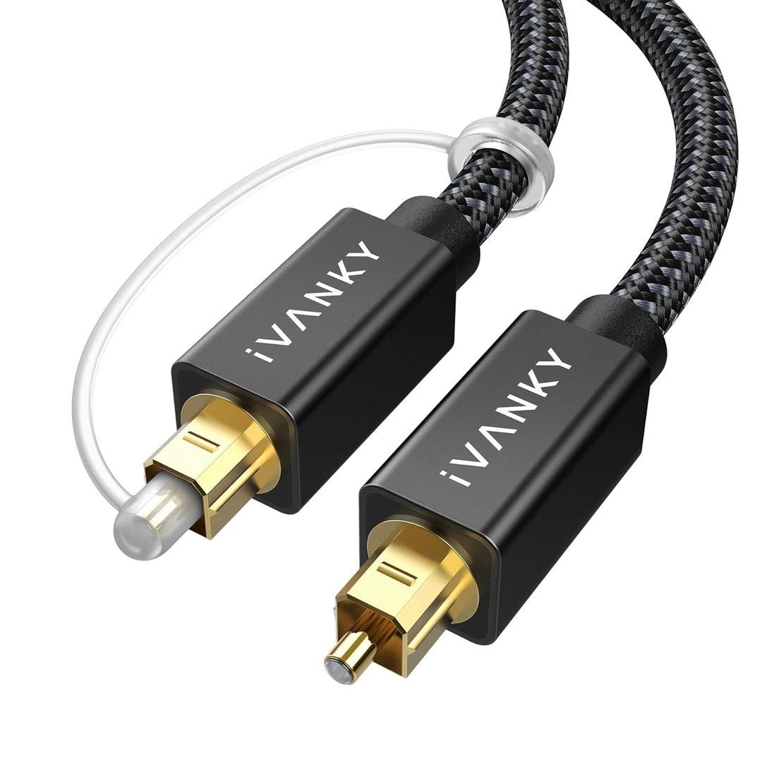 IVANKY Optical Audio Cable 6ft/1.8M, Nylon Braided, 24K Gold-Plated, Slim Metal Case, CL3 Rated, S/PDIF Toslink Digital Audio Fiber Optic Cable for Home Theater, Sound Bar, TV, PS4, Xbox, Samsung (Black)