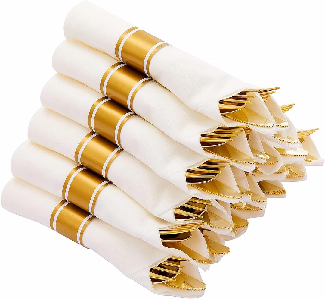 N9R 75 Pack Pre Rolled Gold Plastic Cutlery Set, Wrapped Plastic Silverware Set with 75 Forks, 75 Knives, 75 Spoons and 75 Napkins, Disposable Cutlery Set for Party and Wedding